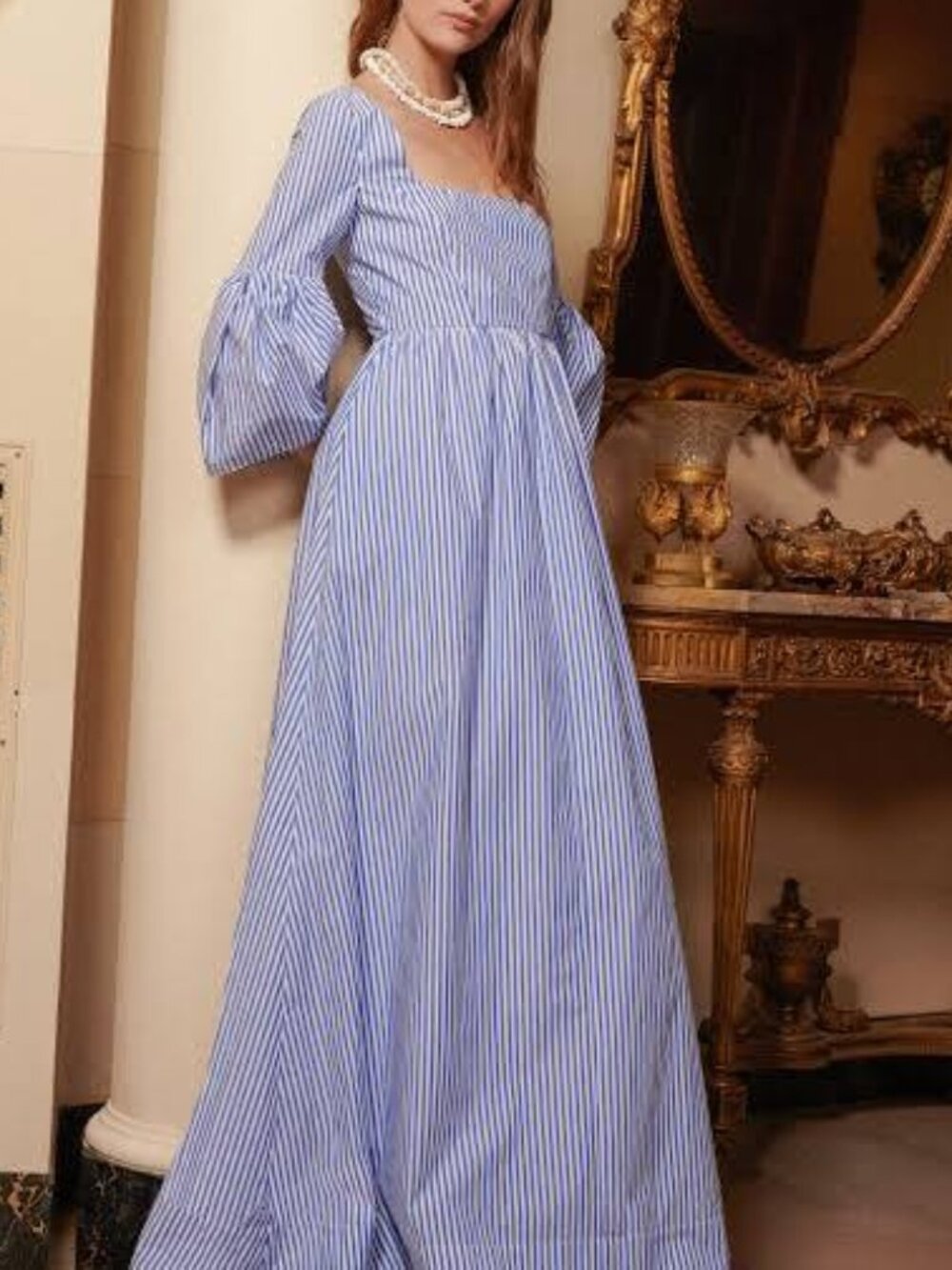 STAUD Plumeria Blue White Stripe Maxi Dress
